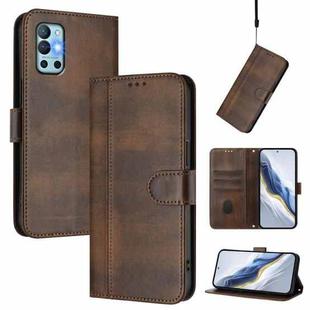 For OnePlus 9R / OnePlus 8T Line Splicing Buckle Retro Leather Phone Case(Brown)