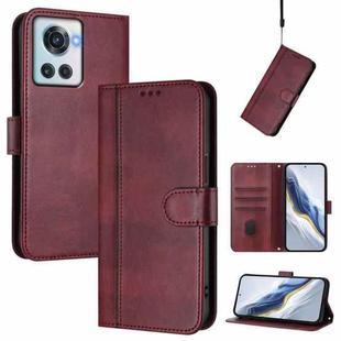For OnePlus 10R / OnePlus Ace Line Splicing Buckle Retro Leather Phone Case(Wine Red)