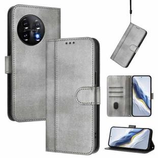 For Oneplus 11 Line Splicing Buckle Retro Leather Phone Case(Grey)