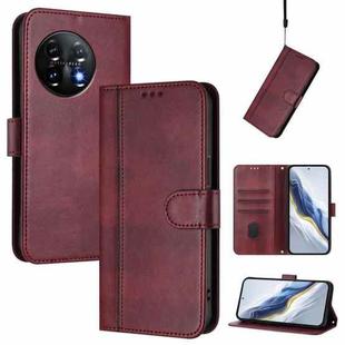 For Oneplus 11 Line Splicing Buckle Retro Leather Phone Case(Wine Red)
