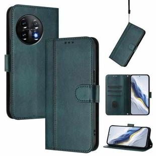 For Oneplus 11 Line Splicing Buckle Retro Leather Phone Case(Dark Green)