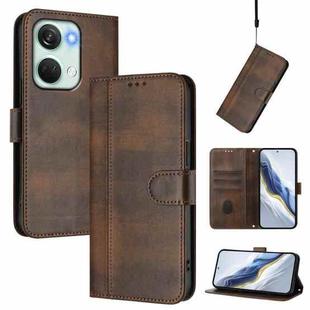 For Oneplus Nord 3 / OnePlus Ace 2V Line Splicing Buckle Retro Leather Phone Case(Brown)