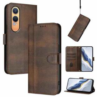 For OnePlus Nord CE4 Lite India Line Splicing Buckle Retro Leather Phone Case(Brown)