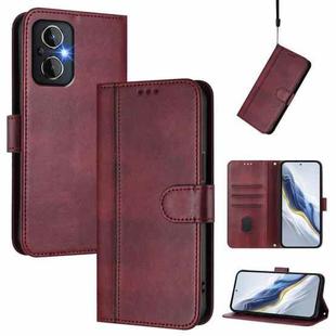 For OnePlus Nord N20 5G Line Splicing Buckle Retro Leather Phone Case(Wine Red)