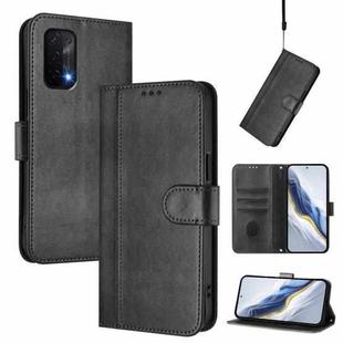 For OnePlus Nord N200 5G Line Splicing Buckle Retro Leather Phone Case(Black)