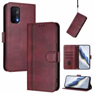 For OnePlus Nord N200 5G Line Splicing Buckle Retro Leather Phone Case(Wine Red)