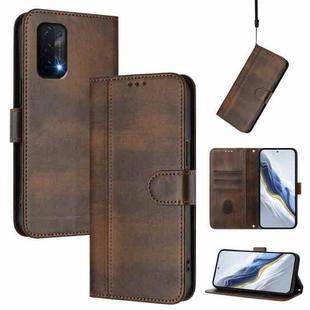 For OnePlus Nord N200 5G Line Splicing Buckle Retro Leather Phone Case(Brown)