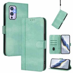 For OnePlus 9 Line Splicing Buckle Retro Leather Phone Case(Mint Green)