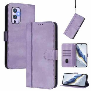 For OnePlus 9 Line Splicing Buckle Retro Leather Phone Case(Purple)