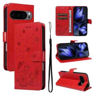 For Google Pixel 10 / 10 Pro Global Cat and Bee Embossed Flip Leather Phone Case(Red)