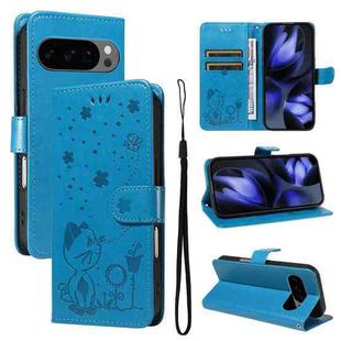 For Google Pixel 10 / 10 Pro Global Cat and Bee Embossed Flip Leather Phone Case(Blue)