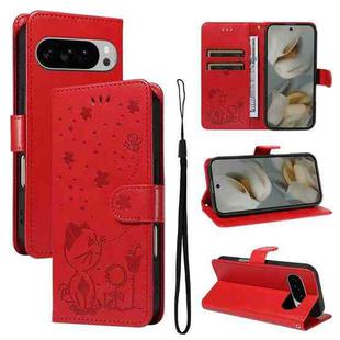 For Google Pixel 10 Pro XL 5G Global Cat and Bee Embossed Flip Leather Phone Case(Red)