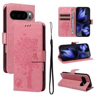 For Google Pixel 10 5G / 10 Pro 5G Global Tree & Cat Embossed Pattern Flip Leather Phone Case(Pink)