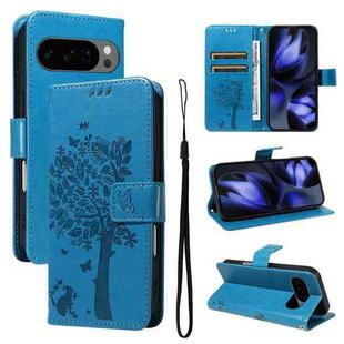 For Google Pixel 10 5G / 10 Pro 5G Global Tree & Cat Embossed Pattern Flip Leather Phone Case(Blue)