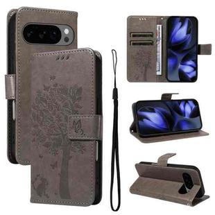 For Google Pixel 10 5G / 10 Pro 5G Global Tree & Cat Embossed Pattern Flip Leather Phone Case(Grey)