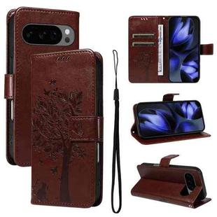 For Google Pixel 10 5G / 10 Pro 5G Global Tree & Cat Embossed Pattern Flip Leather Phone Case(Coffee)