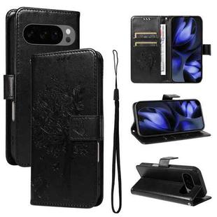 For Google Pixel 10 5G / 10 Pro 5G Global Tree & Cat Embossed Pattern Flip Leather Phone Case(Black)