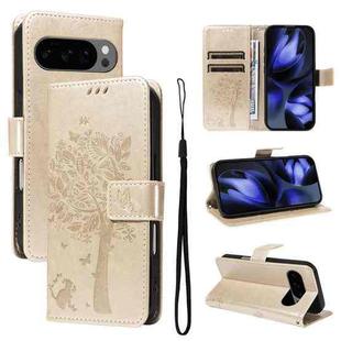 For Google Pixel 10 5G / 10 Pro 5G Global Tree & Cat Embossed Pattern Flip Leather Phone Case(Gold)