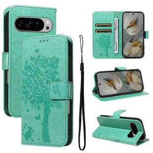 For Google Pixel 10 Pro XL 5G Global Tree & Cat Embossed Pattern Flip Leather Phone Case(Green)