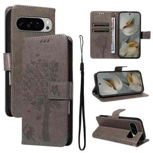 For Google Pixel 10 Pro XL 5G Global Tree & Cat Embossed Pattern Flip Leather Phone Case(Grey)