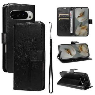 For Google Pixel 10 Pro XL 5G Global Tree & Cat Embossed Pattern Flip Leather Phone Case(Black)