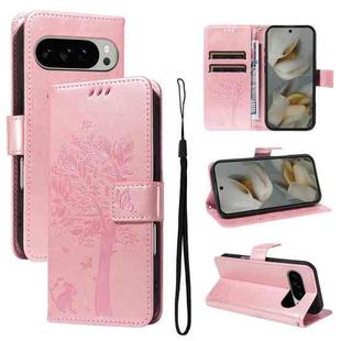 For Google Pixel 10 Pro XL 5G Global Tree & Cat Embossed Pattern Flip Leather Phone Case(Rose Gold)