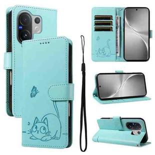 For vivo V60 5G Adorable Cat Embossed Pattern Flip Leather Phone Case(Green)