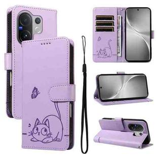 For vivo V60 5G Adorable Cat Embossed Pattern Flip Leather Phone Case(Purple)