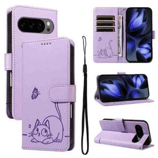 For Google Pixel 10 / 10 Pro Global Adorable Cat Embossed Pattern Flip Leather Phone Case(Purple)