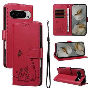 For Google Pixel 10 Pro XL 5G Global Adorable Cat Embossed Pattern Flip Leather Phone Case(Red)
