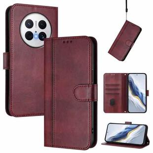 For Huawei Mate 70 Pro Line Splicing Buckle Retro Leather Phone Case(Wine Red)