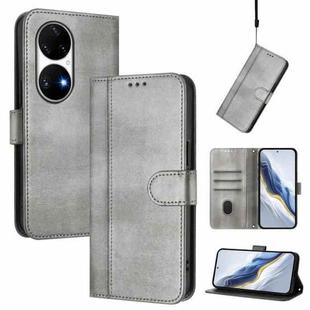 For Huawei P50 Pro Line Splicing Buckle Retro Leather Phone Case(Grey)