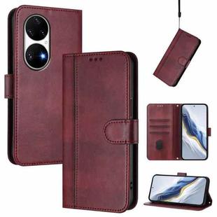 For Huawei P50 Pro Line Splicing Buckle Retro Leather Phone Case(Wine Red)