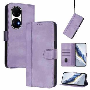 For Huawei P50 Pro Line Splicing Buckle Retro Leather Phone Case(Purple)
