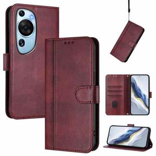 For Huawei P60 Art Line Splicing Buckle Retro Leather Phone Case(Wine Red)