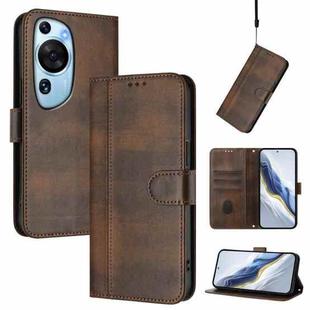 For Huawei P60 Art Line Splicing Buckle Retro Leather Phone Case(Brown)