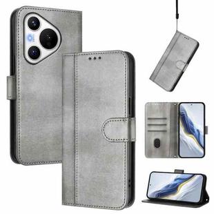 For Huawei Pura 70 Line Splicing Buckle Retro Leather Phone Case(Grey)