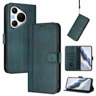 For Huawei Pura 70 Line Splicing Buckle Retro Leather Phone Case(Dark Green)