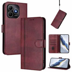 For Huawei Enjoy 80s Line Splicing Buckle Retro Leather Phone Case(Wine Red)