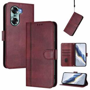 For Honor 60 Line Splicing Buckle Retro Leather Phone Case(Wine Red)