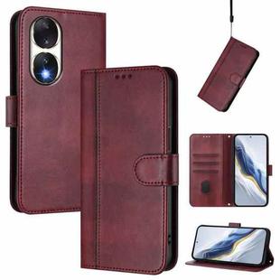 For Honor 90 Line Splicing Buckle Retro Leather Phone Case(Wine Red)