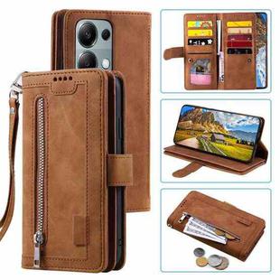 For OPPO Reno13 Pro Nine Card Zipper Bag Leather Phone Case with Lanyard(Brown)