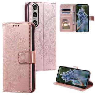 For Sony Xperia 1 VII Totem Flower Embossed Leather Phone Case with Lanyard(Rose Gold)
