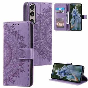 For Sony Xperia 1 VII Totem Flower Embossed Leather Phone Case with Lanyard(Purple)