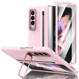 For Samsung Galaxy Z Fold3 5G Integrated Skin Feel Lens Folding Holder Pen Slot Shockproof Phone Case with Pen(Pink)
