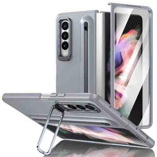 For Samsung Galaxy Z Fold3 5G Integrated Skin Feel Lens Folding Holder Pen Slot Shockproof Phone Case with Pen(Grey)