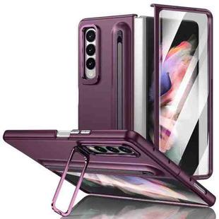 For Samsung Galaxy Z Fold3 5G Integrated Skin Feel Lens Folding Holder Pen Slot Shockproof Phone Case with Pen(Wine Red)