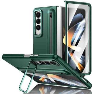 For Samsung Galaxy Z Fold4 5G Integrated Skin Feel Lens Folding Holder Pen Slot Shockproof Phone Case with Pen(Green)