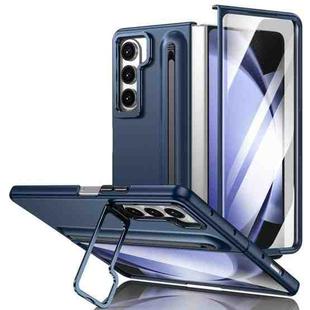 For Samsung Galaxy Z Fold5 5G Integrated Skin Feel Lens Folding Holder Pen Slot Shockproof Phone Case with Pen(Dark Blue)