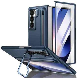For Samsung Galaxy Z Fold6 5G Integrated Skin Feel Lens Folding Holder Pen Slot Shockproof Phone Case with Pen(Dark Blue)